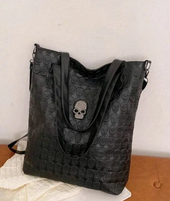 Gothic Black Tote Bag – Faux Leather Handbag with Skull Embossed Design Unisex - Image 1 of 4
