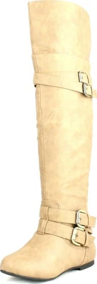 Top Moda Mujer Noche-79 Sobre la Rodilla Punta Redonda Hebilla Montar Botas Planas Foto 1 de 4