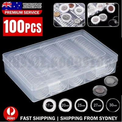 100pcs Coin Storage Box Case Capsules Holder Clear Plastic Round 20MM 25mm 30mm~ - image 1 of 4