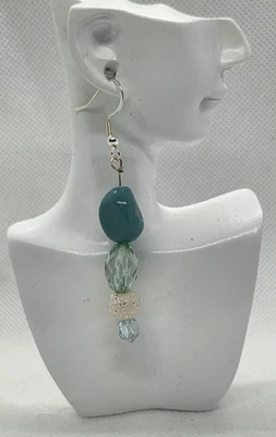 Handmade Dangle Earrings Blue Green Beaded Stack Silver Tone Boho Jewelry - Image 1 of 3