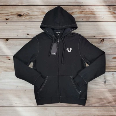 Sudadera con capucha True Religion logotipo de Buda sello cremallera negra cremallera completa M PVP $119 Foto 1 de 4