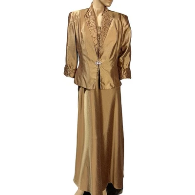 Cachet Gold Tan 2 Piece Maxi Dress Gown Jacket Set Size 16 Beaded Formal Evening - Image 1 of 4