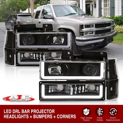 Black DRL Projector Head Lights +Corner Bumper For 1994-1998 Chevy C10 C/K Tahoe Foto 1 de 4