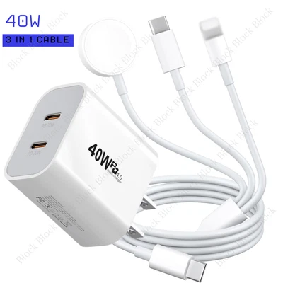 40W Wall Charger Block 3In 1 USB C Fast For iPhone Watch Magnetic Charging Cable - Image 1 of 4
