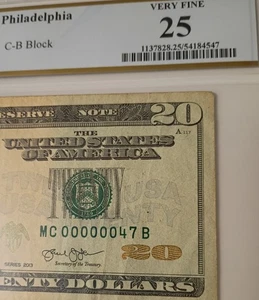2013- $20 Dollar Bill- Low Serial #00000047- PCGS VF25 - Picture 1 of 3