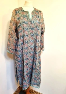 Anokhi Tunic Dress Midi Size S M Cotton Silk Blue Pink Wood Block Kurta Floral - Image 1 of 4