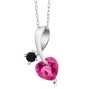 925 Sterling Silver Pink Created Sapphire and Onyx Pendant Necklace For Women - Picture 1 of 3