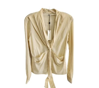 Leon Max Blouse Womens Size Medium Sheer Tie-Front Plunge Cream Viscose NWT $148 - Imagem 1 de 4