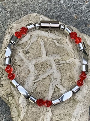 Men Women Silver Magnetic Hematite Therapy Siam Ruby BRACELET ANKLET NECKLACE - Image 1 of 4