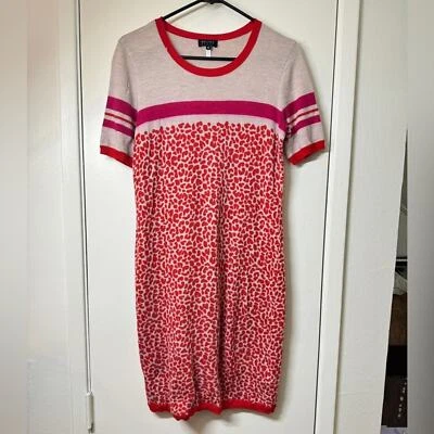 Vestido Escada Sport 100% Lana Virgen Crema Rosa Rojo Leopardo Rayas Tejido Mediano Foto 1 de 4