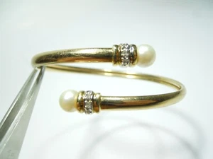 10K YELLOW GOLD PEARL & DIAMOND CHIPS WRAP BANGLE LADIES BRACELET . - Picture 1 of 20