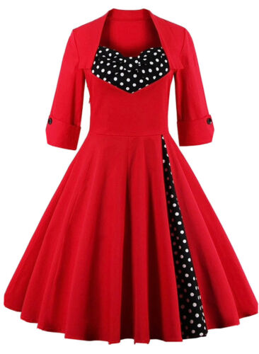 Zaful Vintage Lapel 3/4 Sleeve Cocktail Retro Pinup Dress Red w/ Polka Dots XL