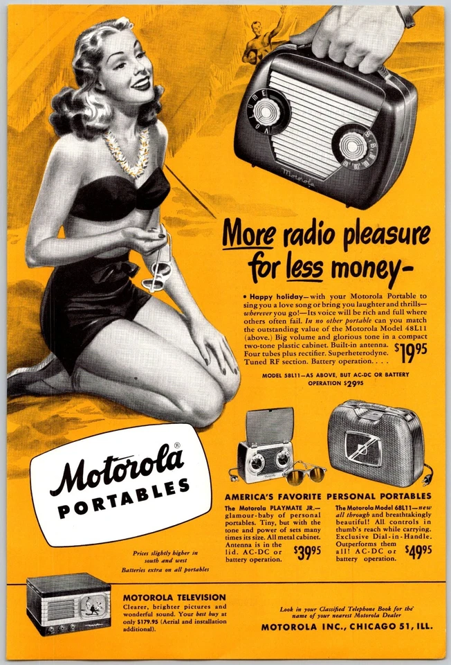 PRINT AD 1948 Motorola Portables More Radio Pleasure Pinup Girl 6.75x10 - Image 1 of 1
