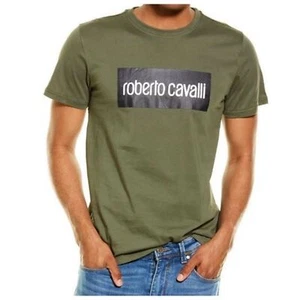 Roberto Cavalli Authentic Designer Men's Army Green Black Logo T-Shirt M - Picture 1 of 10