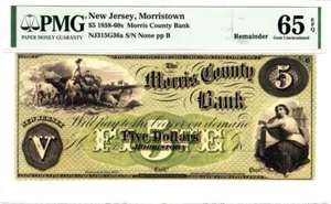 $5 1858-60 Morristown, NJ- Morris County Bank PMG 65 Gem Uncirculated- WOW RARE! - Picture 1 of 11