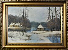 A.J. Möller (XX) TOP-Winter-Gemälde ~ 1940: HÄUSER AM SEE IM WALD