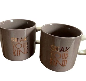 TWO 2017 Starbucks Speak Your Kind 14 oz Coffee Mug Ceramic Beige Gold Spell Out - Picture 1 of 7