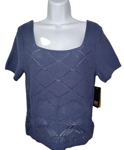 Frye Pointelle Strickpullover U-Ausschnitt Kurzarm blau grau Pulli L Neu mit Etikett - Bild 1 von 7