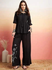 Women’s Black Boho Co-Ord Set Embroidered Tassel Tie Top & Pants Resort Outfit - Afbeelding 1 van 6
