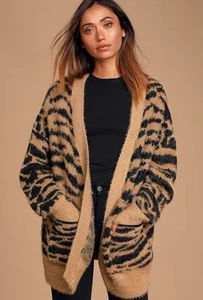 Lulu's Fierce Feelings Tan Tiger Print Eyelash Knit Cardigan Sweater S/M - Picture 1 of 9