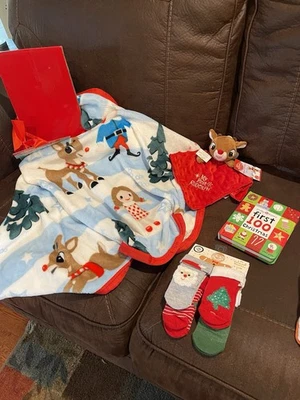 Set If 4: Rudolph Blanket, My First Rudolph Baby Rattle, Baby Booties And Book - Image 1 of 4
