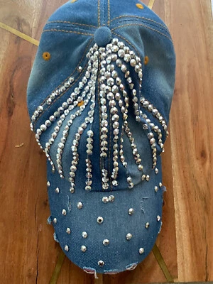 Sombrero de béisbol Magid Hats para mujer talla única ajustable azul jean pedrería Foto 1 de 4