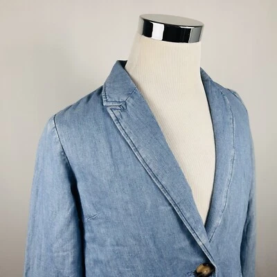 J Jill XS Denim Blazer Linen Cotton Blend Blue Wash Two Button Floral Lined - Image 1 of 4