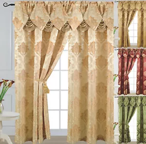 Angelina Luxury Jacquard Curtain Panel with Attached Waterfall Valance 54" X 84" - Picture 1 of 24