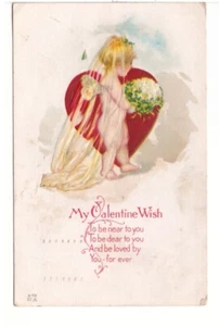 My Valentine Wish, Cupid, Bride, Heart,  Antique 1915 Embossed E Nash Postcard - Picture 1 of 2