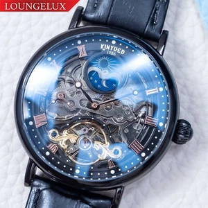 Mens Dual Time Flywheel Automatic Mechanical Watch Black Leather Strap - Picture 1 of 10