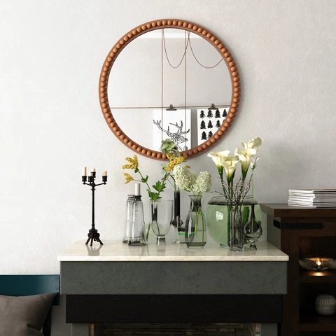 Farmhouse Wood Wall Mirror Rustic Style Decorative Wall Mounted Mirror Round Cover