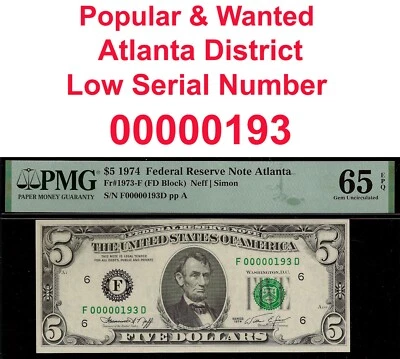 1974 $5 Federal Reserve Note PMG 65EPQ wanted popular low serial number 00000193 - Image 1 of 4