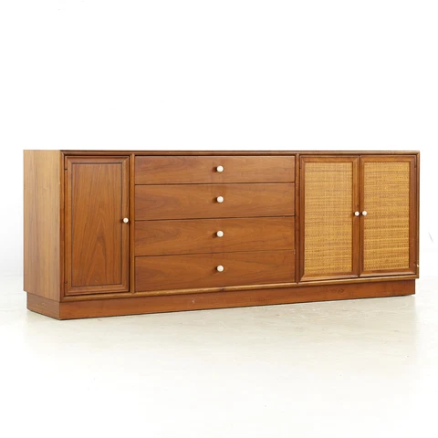 Kipp Stewart for Drexel Mid Century Walnut and Cane Front Buffet and Hutch Cover
