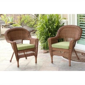 Jeco Wicker Chair in Honey with Green Cushion (Set of 2) - Picture 1 of 9
