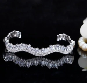 Trendy Baguette & Round 6.74CT Simulated Sapphires Open Cuff Bangles Bracelet - Picture 1 of 6