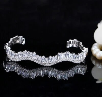 Trendy Baguette & Round 6.74CT Simulated Sapphires Open Cuff Bangles Bracelet - Image 1 of 4