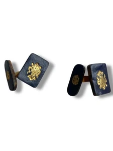 Vintage Blue and Gold Painted Wood & Leather Fleur-de-Lis Cufflinks - Picture 1 of 2