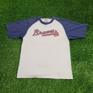 Vintage Y2K NIKE Atlanta-Braves Shirt Small 19x25 Raglan Center-Check Navy-Blue - Picture 1 of 17