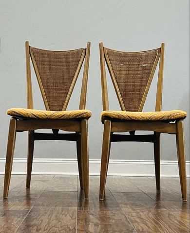 RARE MCM Stakmore Wooden NON-Folding Chair Cane Back Cloth Padded Seat Set Of 2 Cover