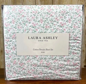 NEW Laura Ashley 4-Piece KING Sheet Set TIERNEY Cotton Percale FLORAL Pink Green - Picture 1 of 8
