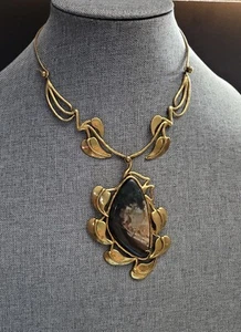 Vintage James Rockwell Brass Brutalist Artisan Necklace w/ Stone ~ Artist Signed - Picture 1 of 10