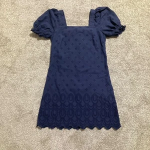 Draper James RSVP | Navy Blue Eyelet Puff Sleeve Mini Dress square neck size XS - Picture 1 of 12