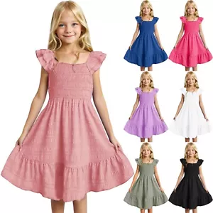Girl's Dresses Smocked Flutter Sleeve a Line Sundresses Swing Party 3-14 Years - Picture 1 of 33