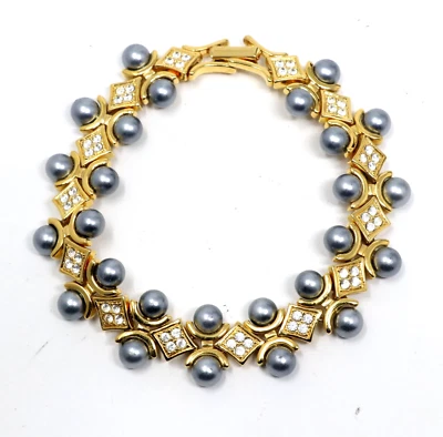 Браслет золотой с белыми стразами и искусственным серым жемчугом Joan Rivers - Изображение 1 из 3