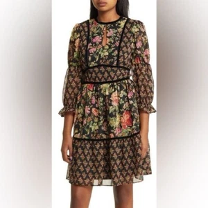 Abito nuovo Tahari ASL floreale manica lunga chiffon mini boho chiesa primavera tg 4 - Foto 1 di 15