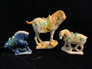 Chinese Tang Dynasty Drip Style Glaze Ceramic Horse Figurines Set of 3 Vintage - Picture 1 of 16