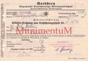 Nordstern Feuerversicherung Bez.-Dir. DORTMUND 1938 Prämien-Rechnung BERLEBURG - Bild 1 von 2