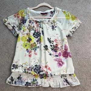 TED BAKER Damen Elfenbein Creme Blumendruck Puff Kurzarm Elegant Top Bluse 2 - Bild 1 von 8