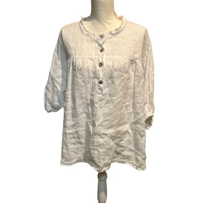 Blusa Campesina Blanca Pure Match Mezcla de Lino Cuello Deshilachado Manga 3/4 Top XL Boho Foto 1 de 4
