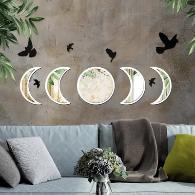 Moon Phase Mirror Set with Birds | Scandinavian Natural Home Boho Wall Decor ... - Image 1 of 4